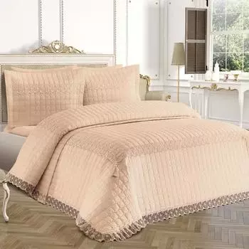 Покрывало стеганое Роза 3шт, Покрывало 250х260 с наволочкой, Ткань хлопчатобумажная, Размер двуспальная, Полноценная кровать, Бежевый