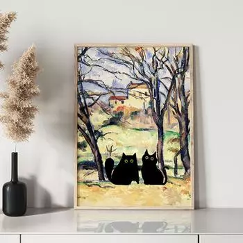 Поль Сезанн Деревья и Дома Кошка Принт Черные Кошки Плакат Забавный Подарок Холст Картина Две Кошки Домашний Декор Фотографии 21x30cm No Framed