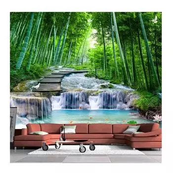 Пользовательские 3d фото обои Настенная живопись Гостиная Спальня Бамбуковый лес Деревянный мост Ручей Водная роспись Водопад 200 cm(W) x 140 cm(H)