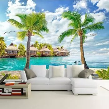 Пользовательские фрески с видом на море, кокосовая пальма, пейзаж, обои, настенная ткань для гостиной, кабинета, ТВ, домашний декор, настенные фрески 200 cm(W) x 140 cm(H)