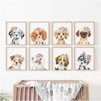 Пользовательское имя, детская настенная живопись, персонализированное имя ребенка, плакат с принтом, щенок, собака, холст, картина, детская комната, настенные картины, искусство 21x30cm No Frame