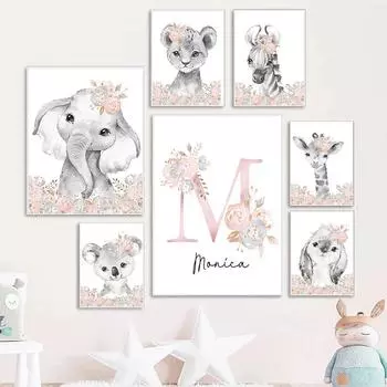 Пользовательское имя ребенка, настенный художественный постер для детской комнаты, персонализированная картина на холсте, принт, розовый цветок, животные, настенная картина для девочки, искусство в спальню 21x30cm No Frame
