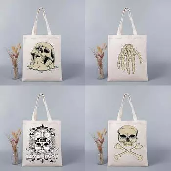 Пользовательское имя в стиле панк с принтом черепа, женская милая сумка на плечо, эко-холщовая сумка, многоразовые сумки, подарок, женская сумка для покупок, продуктовый дизайн 24*26cm