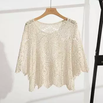 Полая абрикосовая футболка женская летняя новая трикотажная рубашка с круглым вырезом тонкая рубашка с кондиционером Western Blossom One Size бежевый