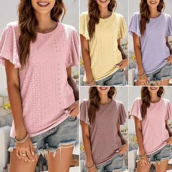 Полая дышащая туника с круглым вырезом, однотонная женская футболка с короткими рукавами и рюшами