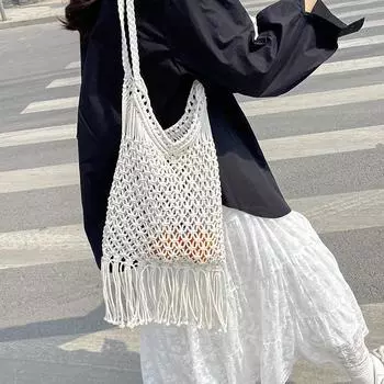 Полая хлопковая тканая сумка женская сумка на одно плечо с кисточками праздничная пляжная сумка подмышками хаки