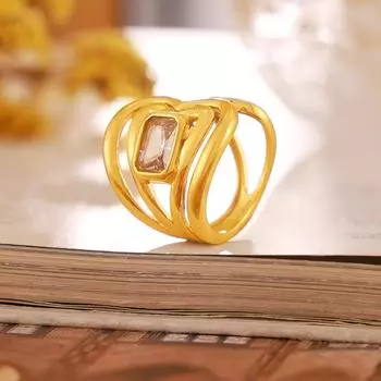 Полая извилистая линия Стеклянный камень Открывающееся кольцо Нержавеющая сталь Позолоченный светлый роскошный палец Женский No. 7