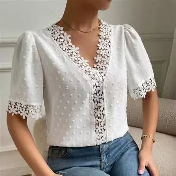 Полая кружевная однотонная футболка большого размера с V-образным вырезом и цветочным принтом, с короткими рукавами, цветная элегантная летняя женская повседневная футболка M светло-синий