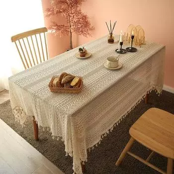 Полая кружевная скатерть с белой бахромой, вязанная крючком настольная крышка, домашний декор, декоративная скатерть 100x150cm 1pcs