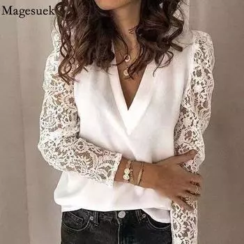 Полая лоскутная женская блузка с кружевными рукавами, винтажная Свободная женская рубашка с v-образным вырезом, белые блузки с длинными рукавами, топы, женская одежда 19040 3XS белый