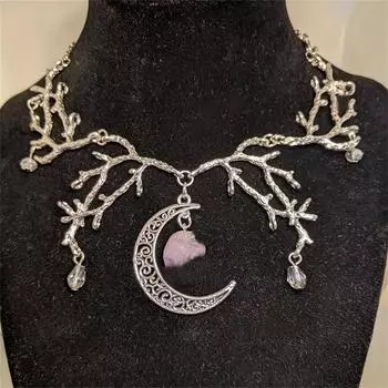 Полая луна и серебристая ветка с фиолетовым кристаллом, подвеска, ожерелье, модная цепочка, ювелирные изделия для женщин, повседневный глэм