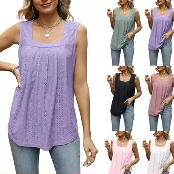 Полая однотонная футболка без рукавов для женщин, летние топы на бретелях с квадратным вырезом и свободной талией для работы, отдыха, мягкая удобная футболка, дышащий пуловер, топ S белый