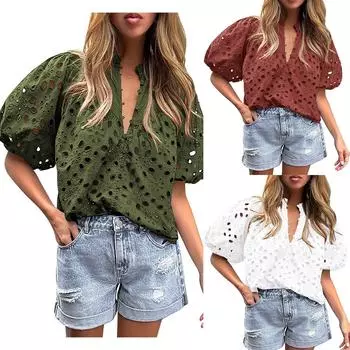 Полая однотонная рубашка для женщин, летняя футболка с высоким воротом и коротким рукавом, на пуговицах, со свободной талией, повседневная модная дышащая легкая рабочая рубашка S темно-красного