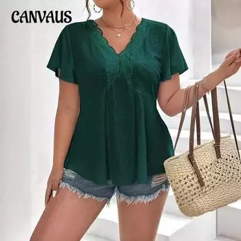 Полая рубашка женская летняя плюс размер свободная темпераментная блузка с v-образным вырезом L зелёный