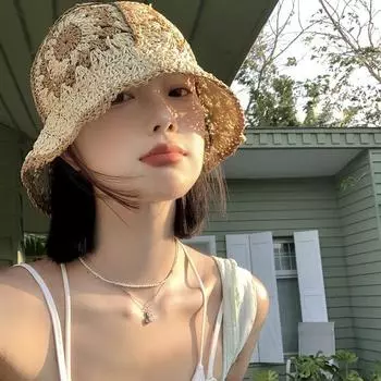 Полая шляпа-ведро ручной работы, женская летняя, дышащая, маленькая, милая, солнцезащитная, соломенная шляпа, цветочная шляпа прилив M56-58cm бежевый