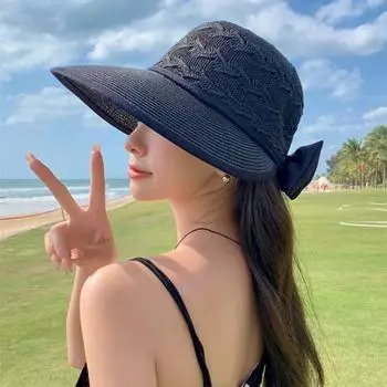 Полая соломенная шляпа с круглым куполом и бантом на спине, складная, с широкими полями, чистый цвет светло-серый