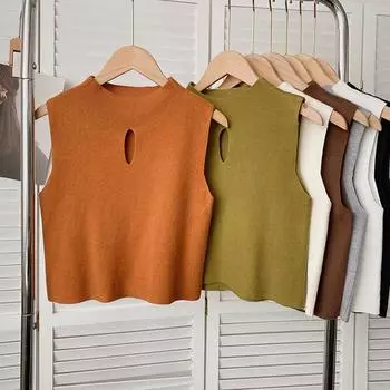 Полая женская майка с круглым вырезом, тонкая повседневная простая однотонная футболка без рукавов