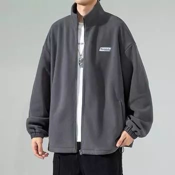 Polar Fleece Jacket Men s Spring New Solid Color Stand-up Collar Jacket Ins Korean Style Trendy Loose Casual Couple Tops S