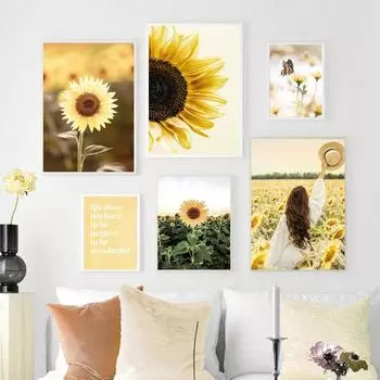 Поле Девушка Подсолнух Дерево Плакат Цветок Бабочка Печать Холст Картина Пейзаж Настенные Художественные Фотографии для Гостиной Домашний Декор 21x30 No Frame