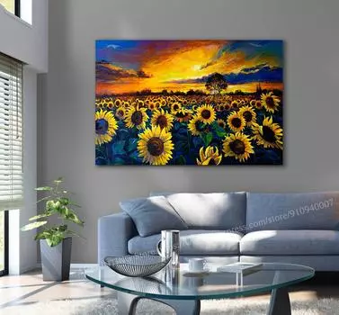 Поле подсолнечника на закате, картина маслом, постер, садовый цветочный и ботанический пейзаж, холст, фотографии, печать, Настенный декор, домашний декор 21cm30cm NoFrame