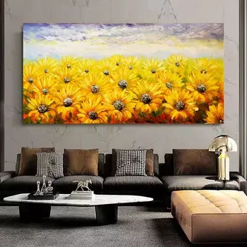 Поле подсолнечника, пейзаж, картина маслом, напечатанная на холсте, плакат, декор для спальни, современное настенное искусство, без рамки, картина, украшение для дома, безрамное 20x40cm
