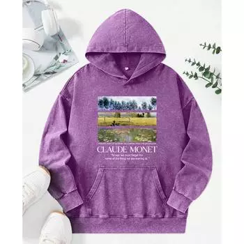 Полевая масляная живопись Принтованные Выстиранные Худи Y2K Женское Хлопковое Худи Оверсайз Удобная Одежда Уличный Хип-Хоп Унисекс M