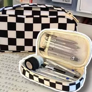 Полезная большая вместительная многофункциональная сумка для хранения карандашей с шахматным узором для школьников, чехол для классной комнаты черный белый