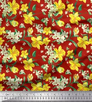 Полиэфирная креповая ткань Soimoi Ogee, ткань с цветочным принтом Ogee, плюмерией и нарциссами, 42 дюйма 42 Inch Wide - Poly Crepe бежевый