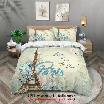 Полиэстер с 3D цифровой печатью Эйфелева башня Комплект постельного белья из трех предметов Пододеяльник Наволочка 135x200cm