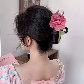 Полиэстер Ткань Коготь для волос Пластиковый цветок зажим Элегантный Роза Акула зажим Ежедневно розы красного