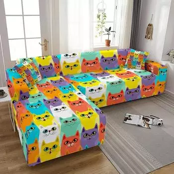 Полиэстеровый чехол для дивана с милым котом и принтом для гостиной, эластичный чехол для дивана «все включено», чехол для мебели, защитный чехол для углового дивана 1 seat 90-140cm