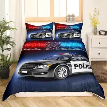 Police Car Duvet Cover Set King Queen Size Polyester Quilt Cover Cartoon Car Pattern For Kids Teens Bedding Set With Pillowcase 70x133cm 2pcs