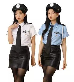 Полицейский Косплей Сексуальные Топы Юбка Галстук Шляпа Набор из 4 предметов [Кедар Восемь] Женский (синий)