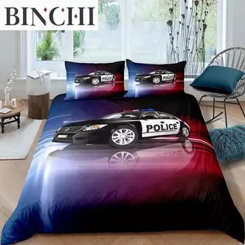 Полицейская машина Пододеяльник Мультфильм Машина Полицейские огни Постельное белье для детей Мальчики Синий Серый Машины для экстренных служб Декор из полиэстера EU single(135x200cm)
