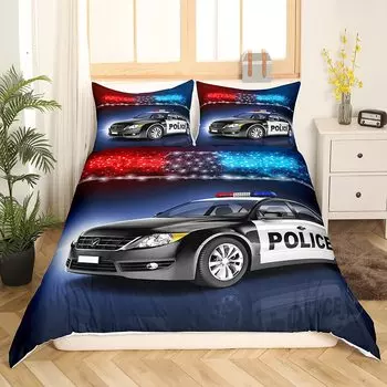 Полицейская машина King Queen Пододеяльник Мультфильм Черный Полицейская машина Постельное белье Комплект для мальчиков Красный Синий Полицейские огни 2/3 шт полиэстер пододеяльник 70x133cm 2pcs