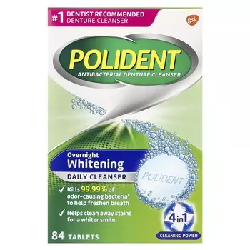 Polident, стерилизующий очиститель для зубных протезов, отбеливающее средство для ежедневного использования, 84 таблетки