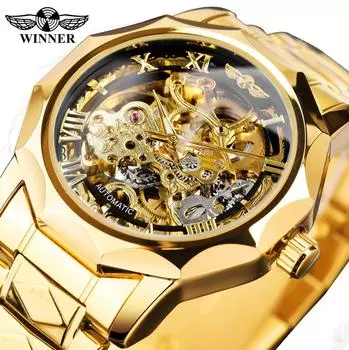 Полигональные мужские механические часы Fashiona Hollowed Out Automatic Watch из нержавеющей стали Skeleton Wristwatches Gold Color Relojes золотой/чёрный