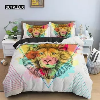 Полигональный мультяшный рисунок животных пододеяльник акварельный фон лев полиэстер постельное белье размер King Queen 2/3 шт для детей мальчиков EU single(135x200cm)