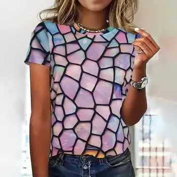 Полигональный принт Дизайнерские женские футболки Летняя мода Круглый вырез с короткими рукавами Футболка Повседневная свободная женская одежда Y2K XXS