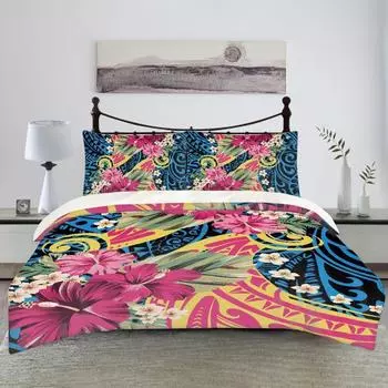 Полинезийский 3D цифровой комплект постельного белья из трех предметов: пододеяльник, наволочки, покрывало с экзотическими цветами EU single 135*200