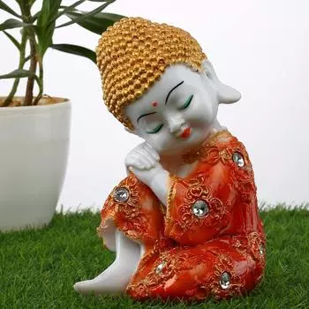 Полирезиновый идол Будды Статуэтка маленького монаха | Мраморные статуи Будды Экспонат для домашнего декора | Господь Будда Монах (Разноцветный) оранжевый