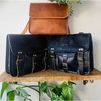 Полированная кожаная сумка-мессенджер Черная мотоциклетная сумка ручной работы черного цвета ( Размер сумки Free Sling Brown - 9 x 7 x 3 дюйма ) 10 x 13 x 4 in чёрный