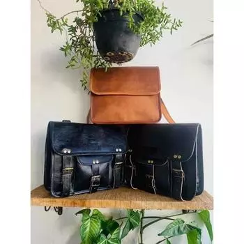 Полированная кожаная сумка-мессенджер Черная мотоциклетная сумка ручной работы черного цвета ( Размер сумки Free Sling Brown - 9 x 7 x 3 дюйма ) 13 x 10 x 4 in чёрный