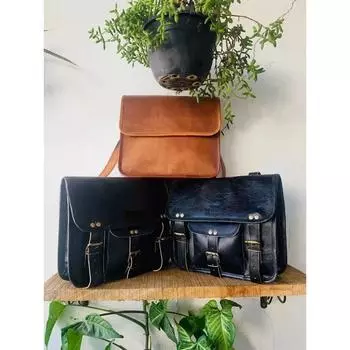 Полированная кожаная сумка-мессенджер Черная мотоциклетная сумка ручной работы черного цвета ( Размер сумки Free Sling Brown - 9 x 7 x 3 дюйма ) 13 x 10 x 4 in чёрный