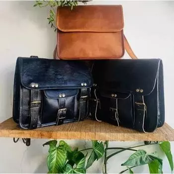 Полированная кожаная сумка-мессенджер Черная мотоциклетная сумка ручной работы черного цвета ( Размер сумки Free Sling Brown - 9 x 7 x 3 дюйма ) 13 x 10 x 4 in чёрный