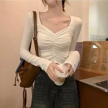 Полированный немецкий бархатный нижний свитер для женщин осенью и зимой, открывающая ключицу для похудения и сексуальная однотонная футболка с длинными рукавами S белый