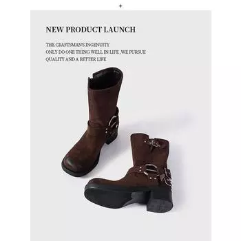 Polished matte Amujia Western boots Autumn and winter short knight boots thick-soled leather sleeve heightening boots women 35