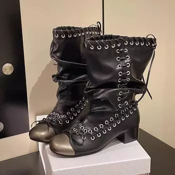 Polished straps Martin boots Spring and summer new push boots Women s thick-soled thick-heeled short boots Handsome short boots Locomotive boots 35