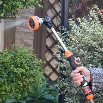 Поливочная трубка с кнопкой управления потоком, 8 режимов распыления, металлическая распылительная трубка, шланговая насадка, распылитель с длинным стержнем для садового газона оранжевый