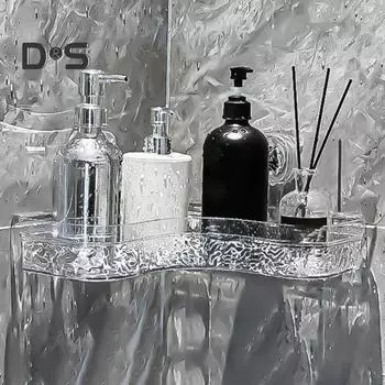 Полка для хранения Caddy с прозрачной стеной без сверления и присоской. Треугольные отсеки. Прочная несущая способность. Простая установка. Угловая полка для хранения в ванной комнате. серый